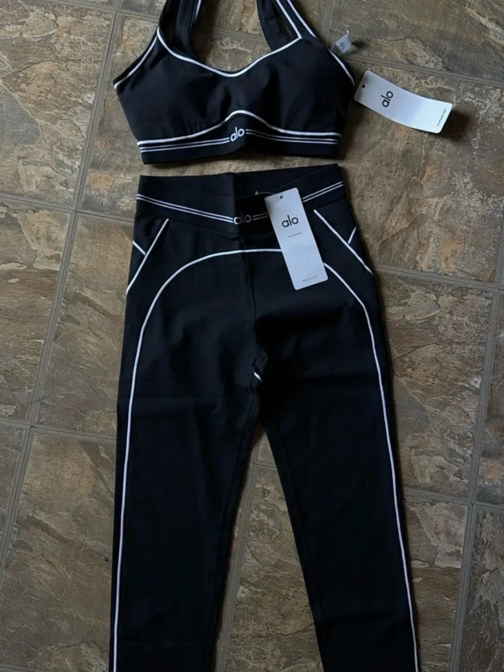 ALO Yoga Black Sports Bra with White Piping